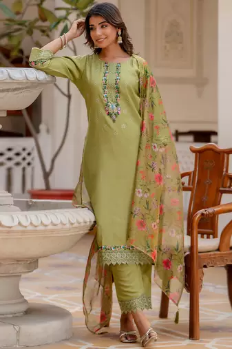 Mehndi green viscose roman silk designer festive wear readymade suit