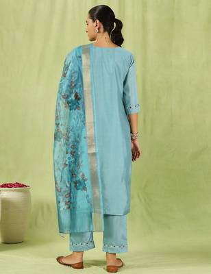 sky-blue fancy silk blend kurta set 4