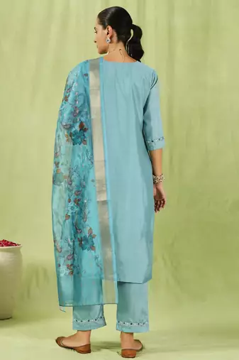 sky-blue fancy silk blend kurta set