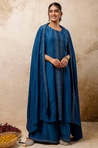 teal fancy silk blend kurta set