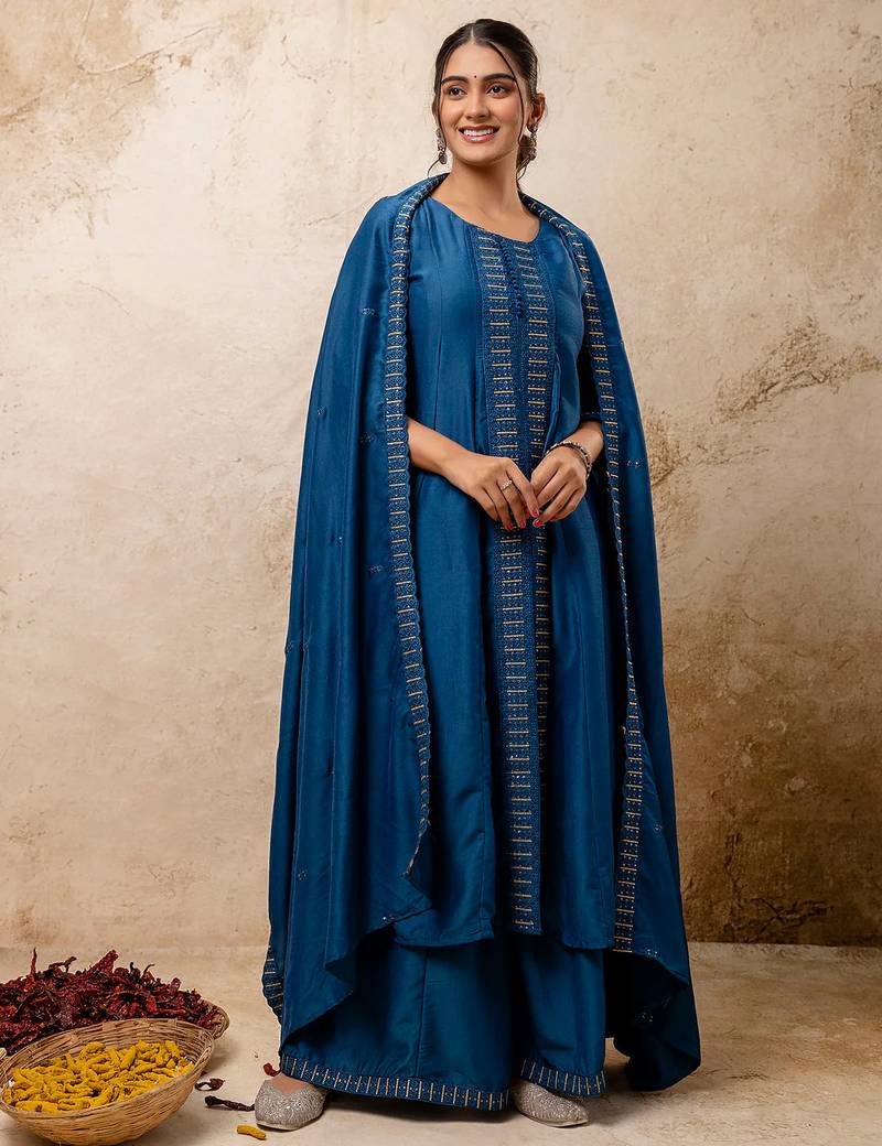 teal fancy silk blend kurta set