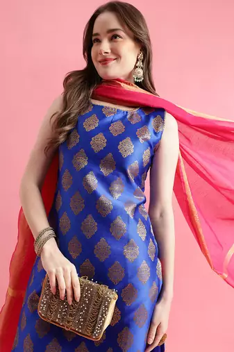 blue fancy silk blend kurta set