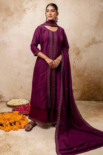 purple fancy silk blend kurta set