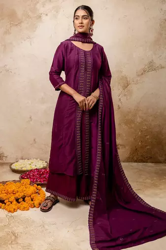 purple fancy silk blend kurta set