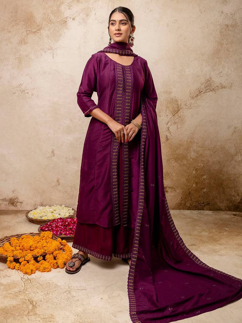purple fancy silk blend kurta set