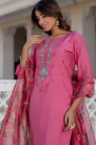 Pink viscose roman silk designer festive wear readymade suit