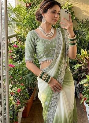 Light Green Color  embroidery sequence work georgette Saree 1
