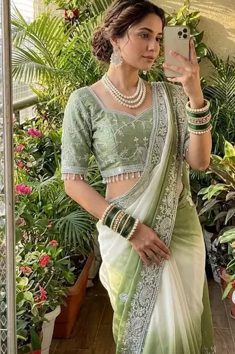 Light Green Color  embroidery sequence work georgette Saree