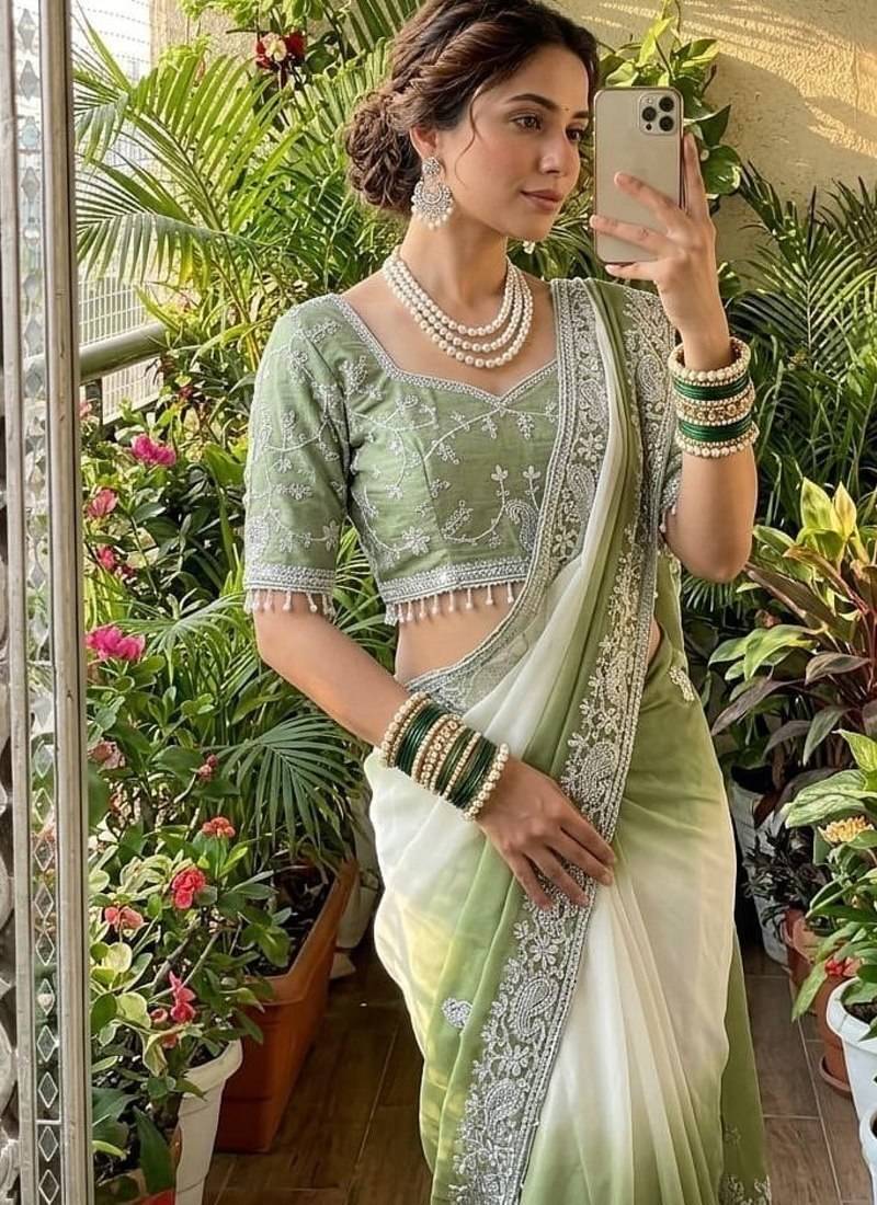 Light Green Color  embroidery sequence work georgette Saree