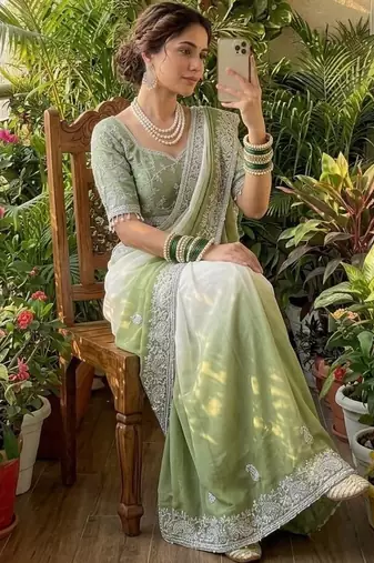 Light Green Color  embroidery sequence work georgette Saree