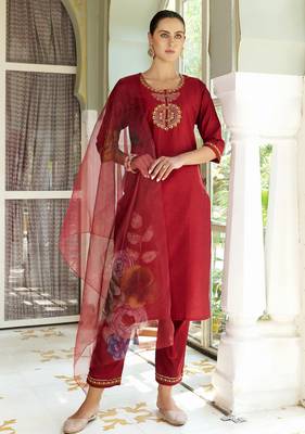 maroon fancy cotton silk kurta set 2