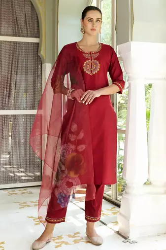 maroon fancy cotton silk kurta set