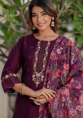 Purple viscose roman silk designer festive wear readymade suit 4