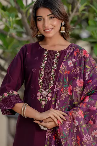 Purple viscose roman silk designer festive wear readymade suit