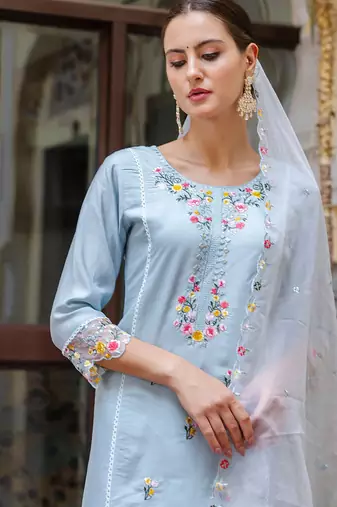 sky-blue fancy viscose rayon kurta set