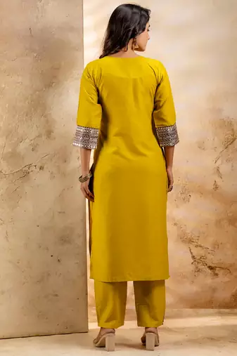 Lemon yellow viscose rayon designer festive wear readymade suit