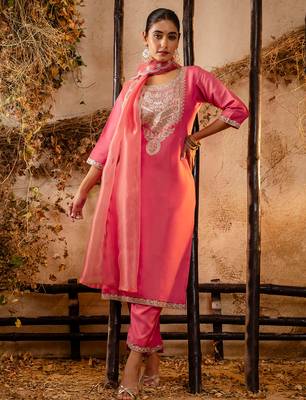 peach fancy silk blend kurta set 2