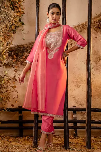 peach fancy silk blend kurta set