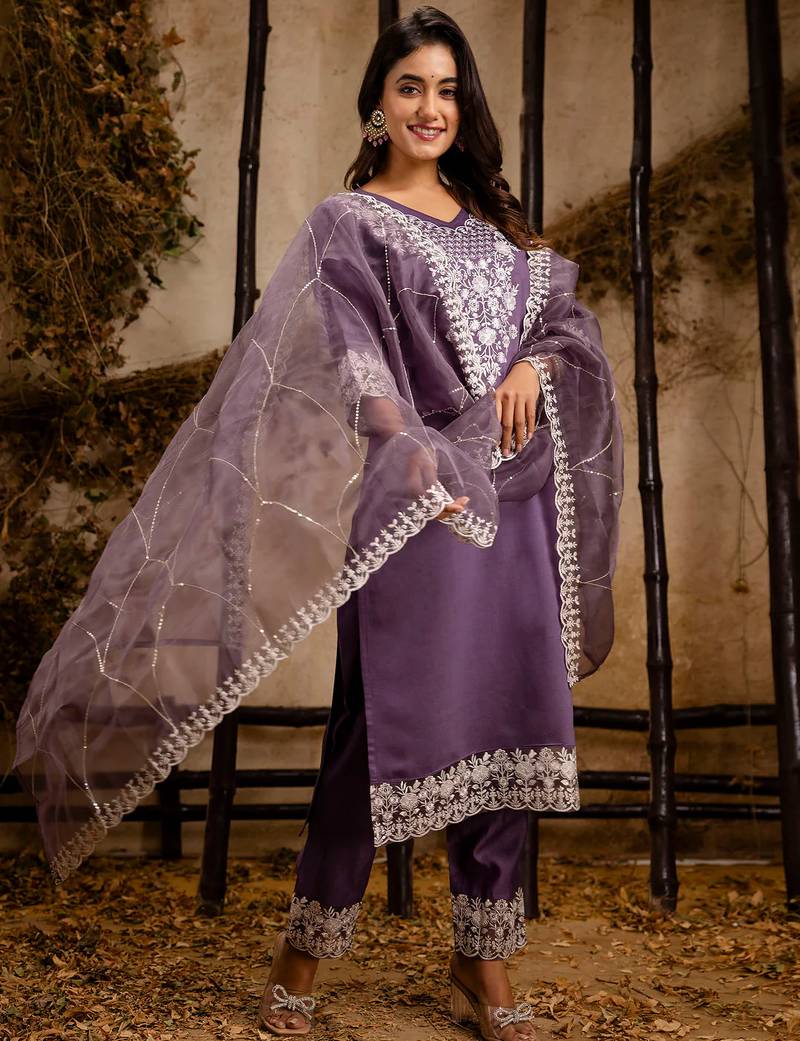 lavender fancy silk blend kurta set