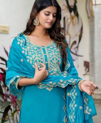 blue fancy silk blend kurta set 4