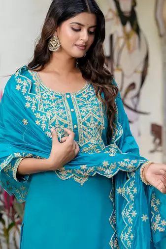 blue fancy silk blend kurta set