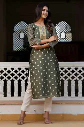 green fancy silk blend long kurti