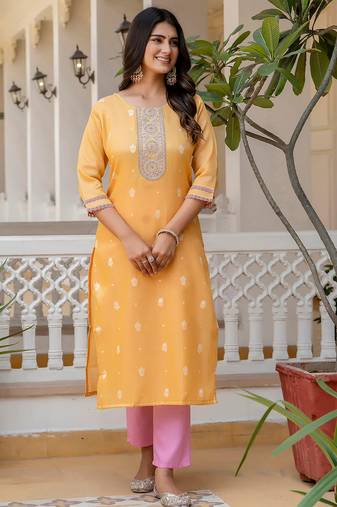 yellow fancy silk blend long kurti