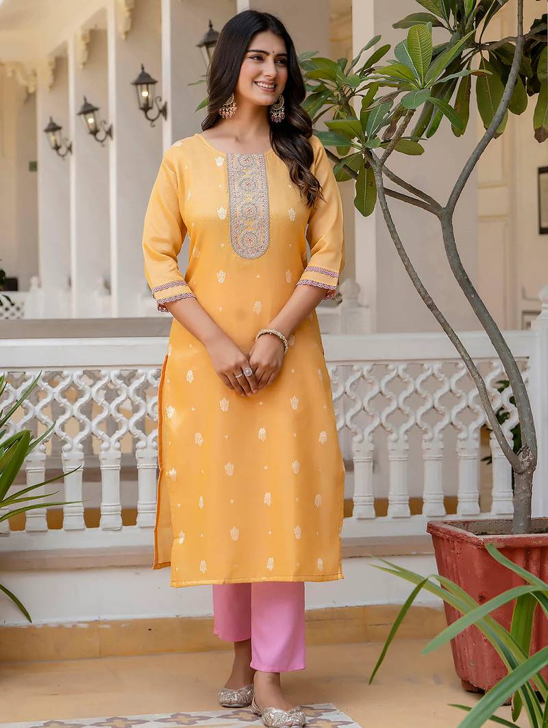 yellow fancy silk blend long kurti