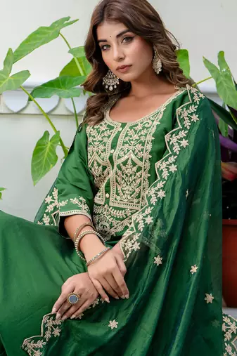 green fancy silk blend kurta set