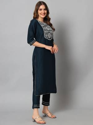 navy-blue fancy cotton silk kurta set 4