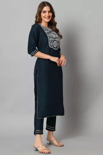 navy-blue fancy cotton silk kurta set