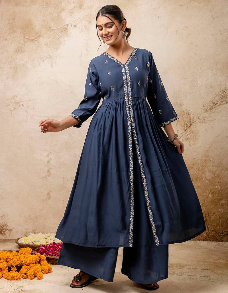 teal fancy silk blend kurta set