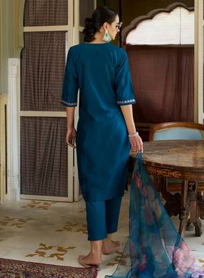 teal fancy cotton silk kurta set 3