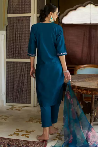 teal fancy cotton silk kurta set