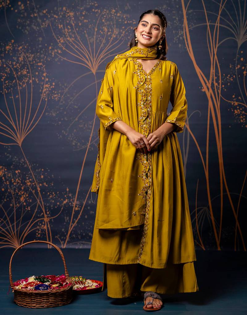 mustard fancy silk blend kurta set