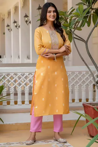 yellow fancy silk blend long kurti