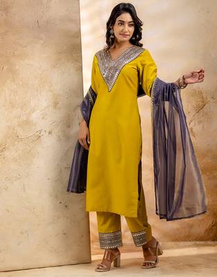 Lemon yellow viscose rayon designer festive wear readymade suit 4