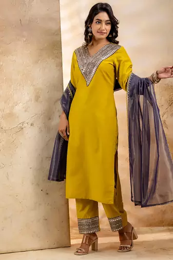 Lemon yellow viscose rayon designer festive wear readymade suit