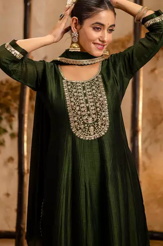green fancy silk blend kurta set