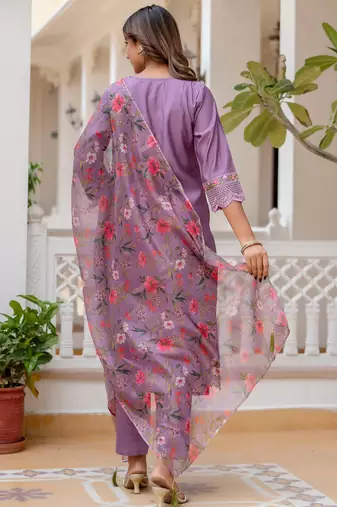 Lavender viscose roman silk designer festive wear readymade suit