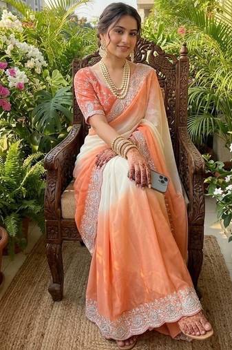 Light Orange Color  embroidery sequence work georgette Saree