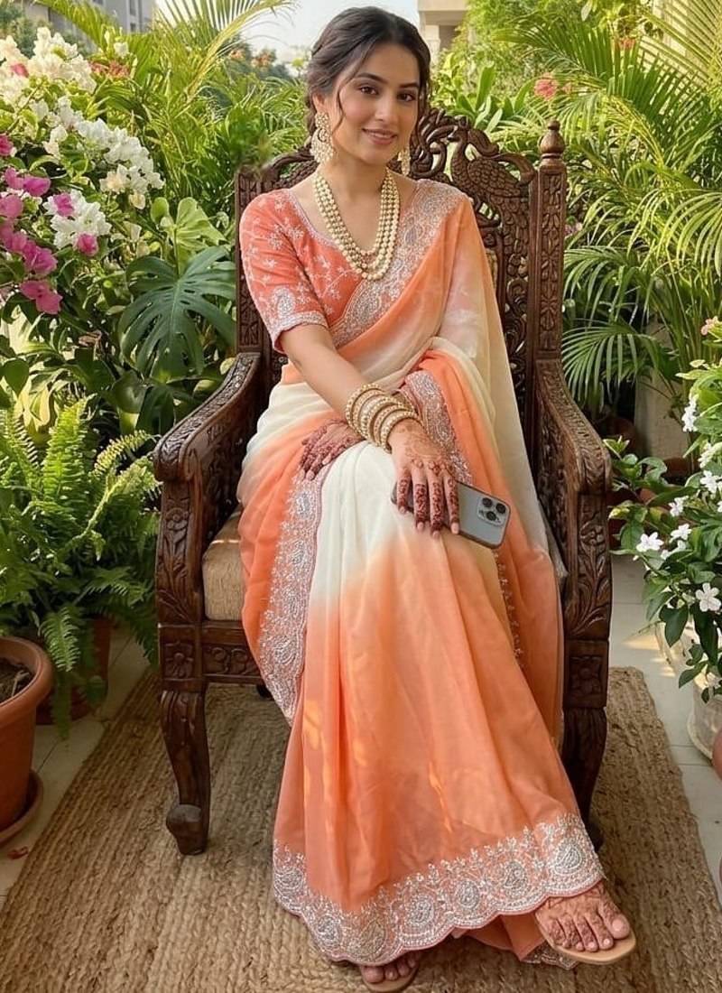 Light Orange Color  embroidery sequence work georgette Saree