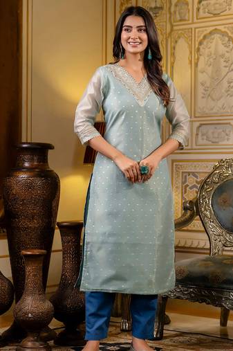 sea-green fancy silk blend long kurti