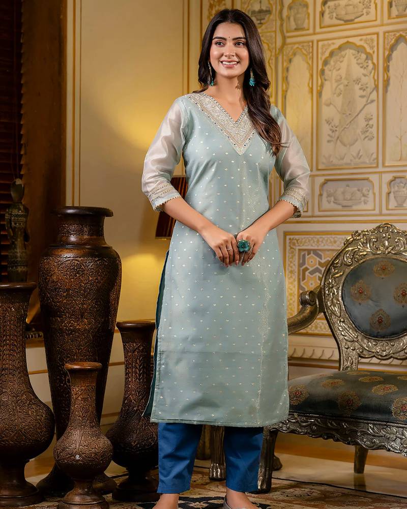 sea-green fancy silk blend long kurti