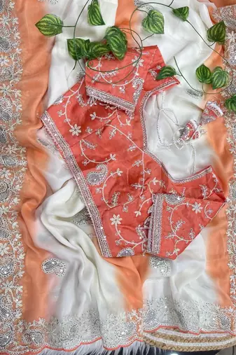 Light Orange Color  embroidery sequence work georgette Saree