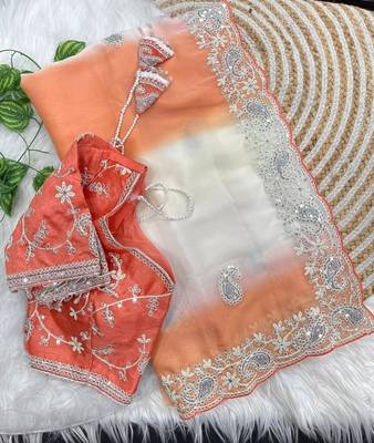 Light Orange Color  embroidery sequence work georgette Saree 3