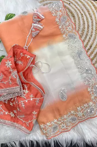 Light Orange Color  embroidery sequence work georgette Saree