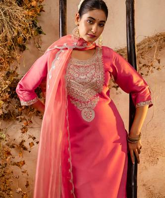 peach fancy silk blend kurta set 3