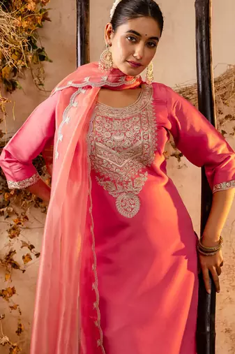 peach fancy silk blend kurta set