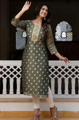 green fancy silk blend long kurti